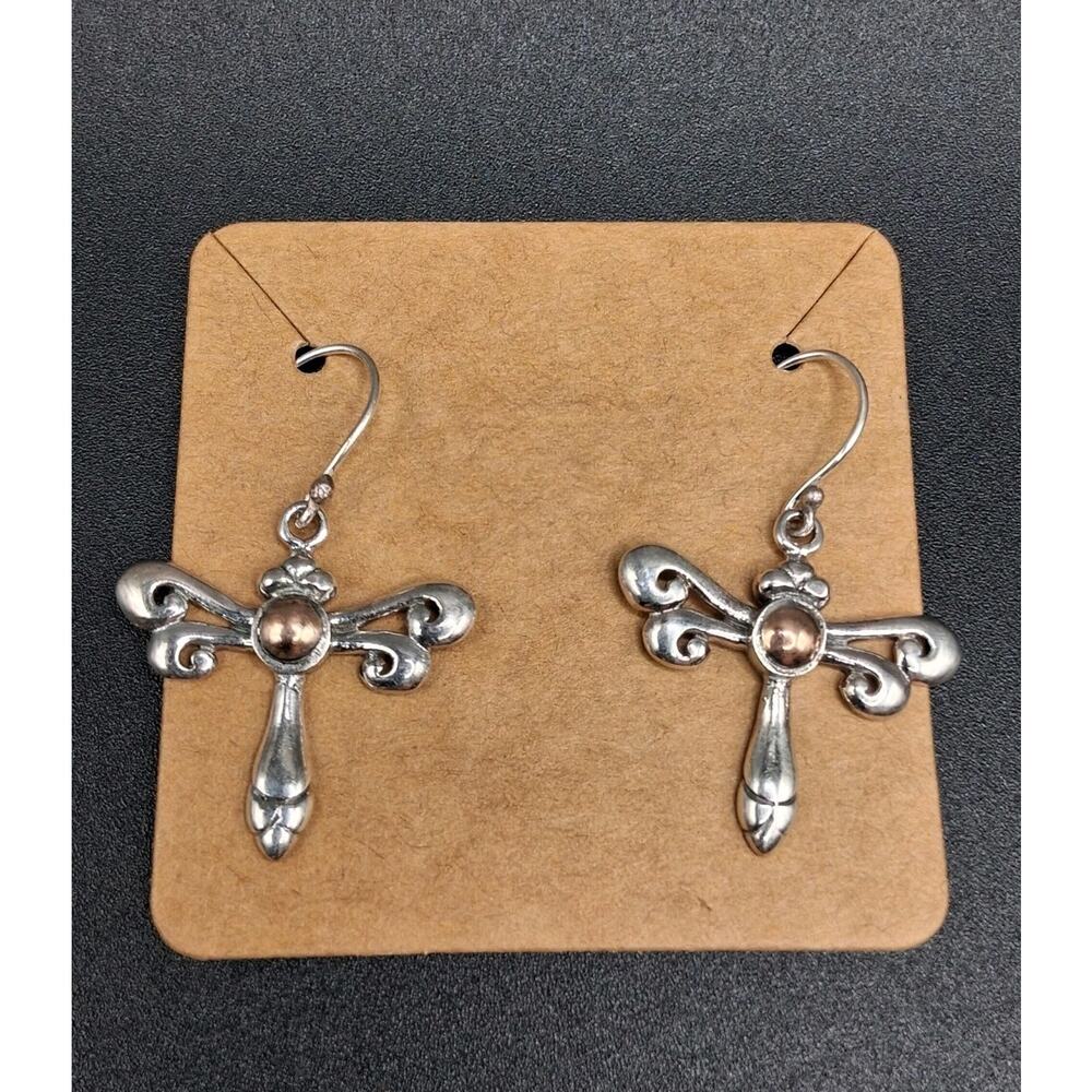 Stylized Cross Dangle Earrings, Sterling Silver & 18k Gold, Vintage Style